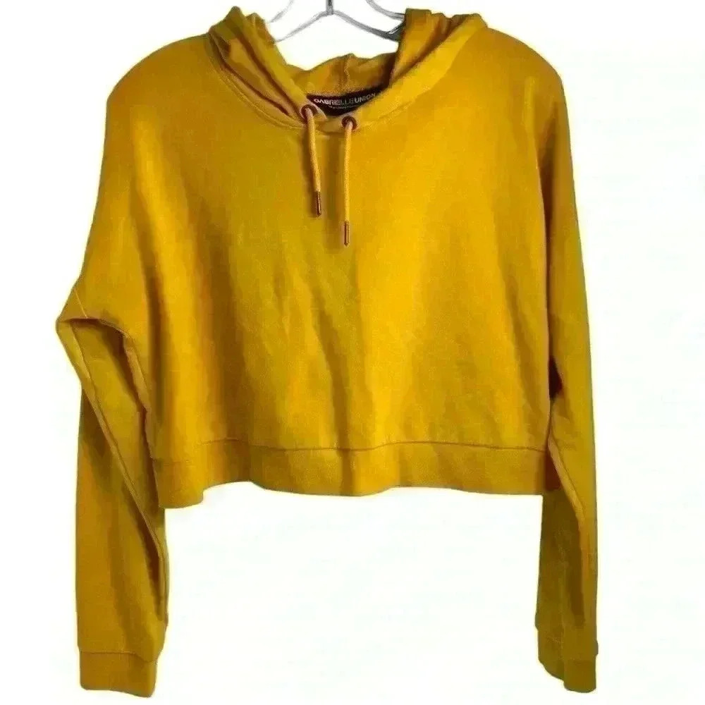 Gabrielle Union Women's‎ Yellow Cropped Hoodie T-Shirt Size M Long Sleeve Casual